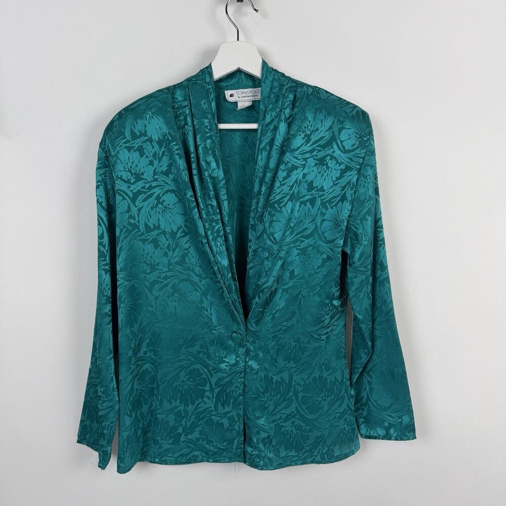 Jonathan Martin Blouse 8 Emerald Green Jacquard Satin Cottagecore 90s 80's VTG